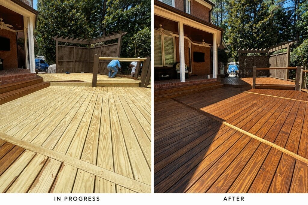 Wood deck in progress and after staining, with light accent boards and a lattice privacy screen